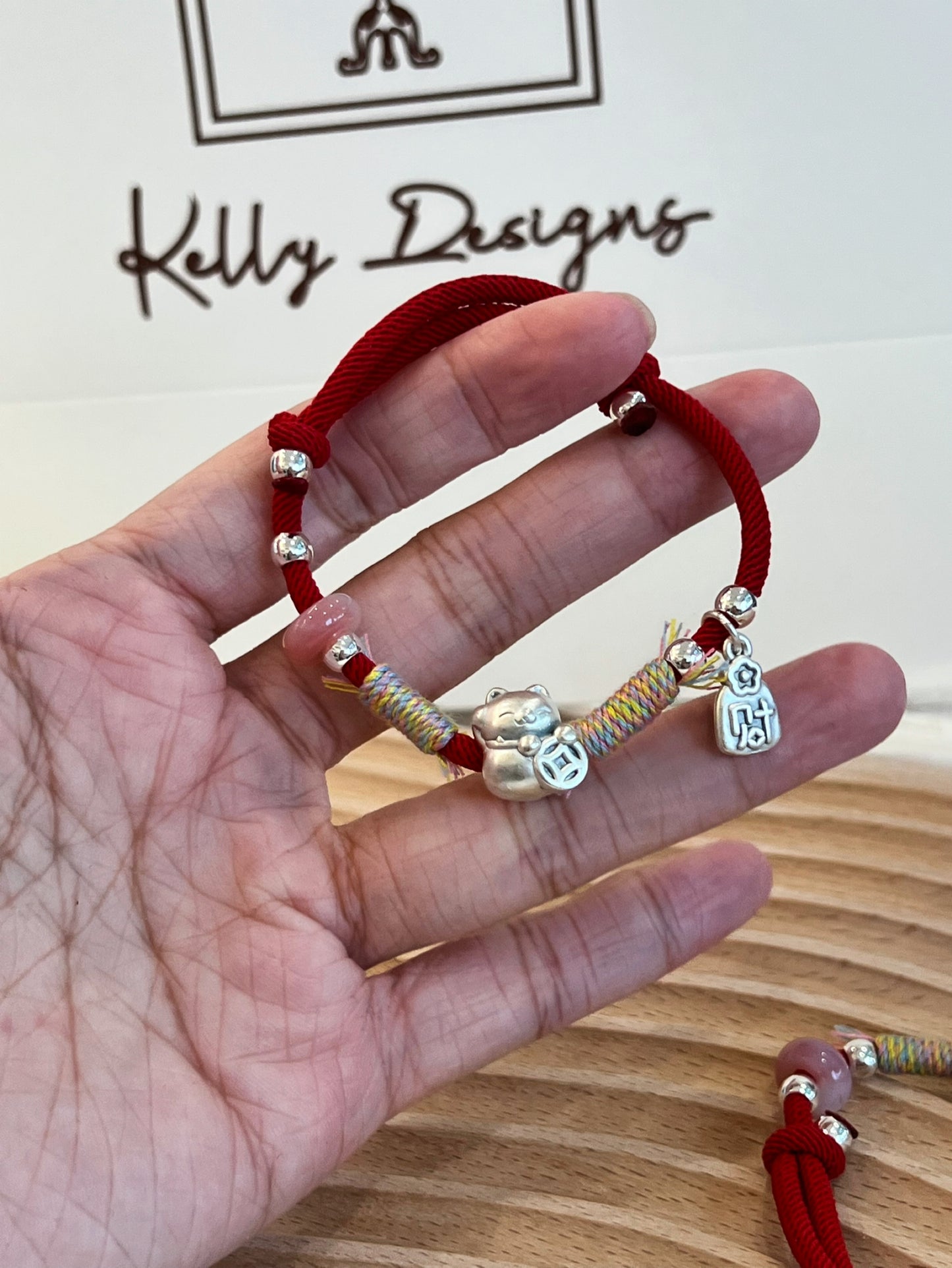 Kelly Designs Red String Cat&Pink Crystal Coins Bracelet (Instock)