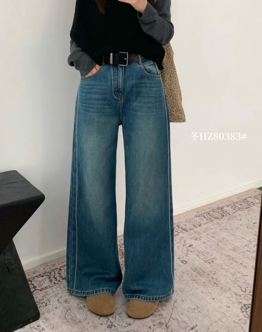 Kelly Designs Fleece-Lined Denim Navy Pants With Belt (Instock)