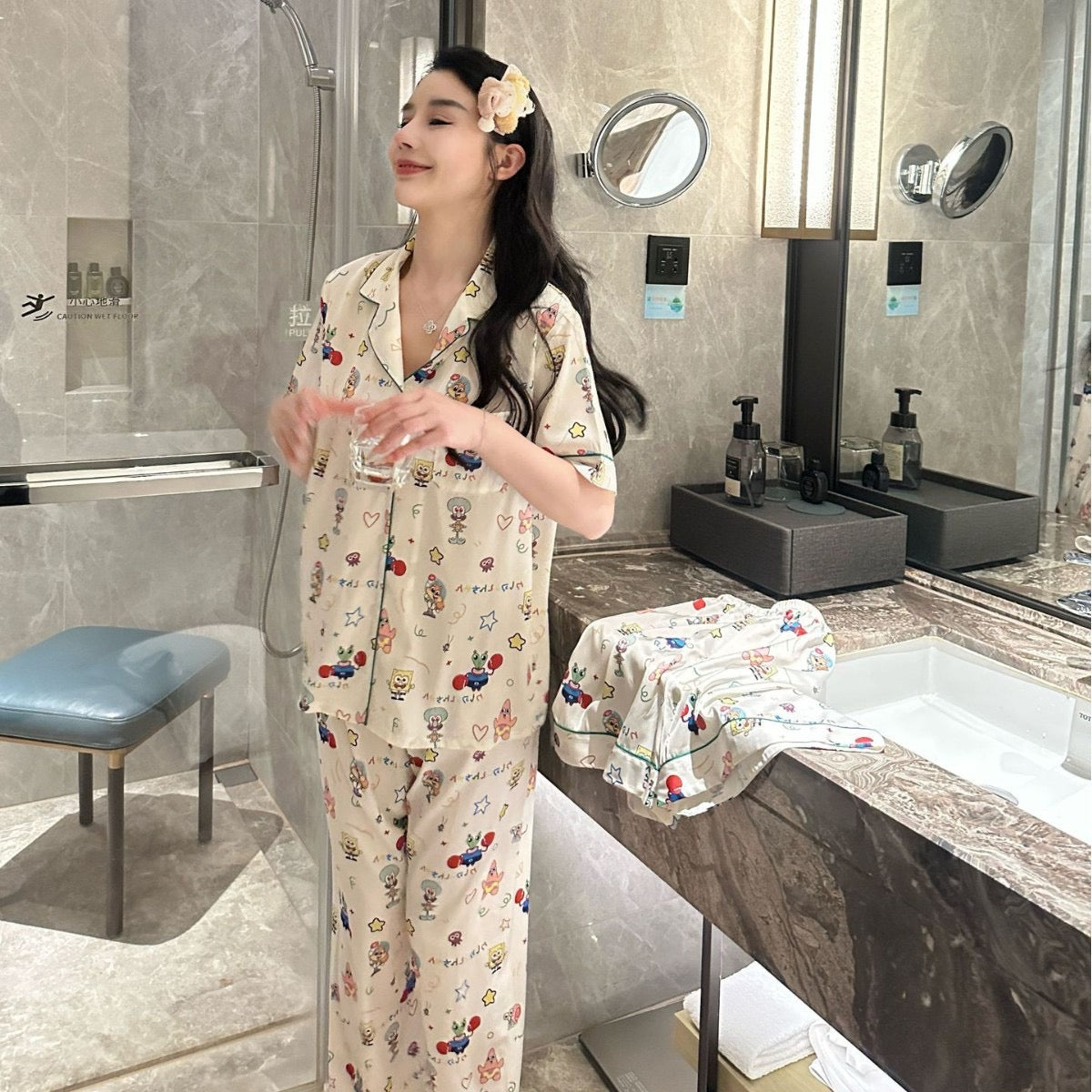 Kelly Designs Sponge Ice Silk Pajamas β Short Sleeve & Long/Short Pants 3pcs Set (Instock)