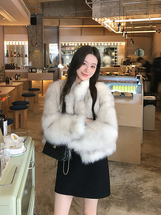 Kelly Designs White Grey Fox Fur High Neck Jacket (Instock)