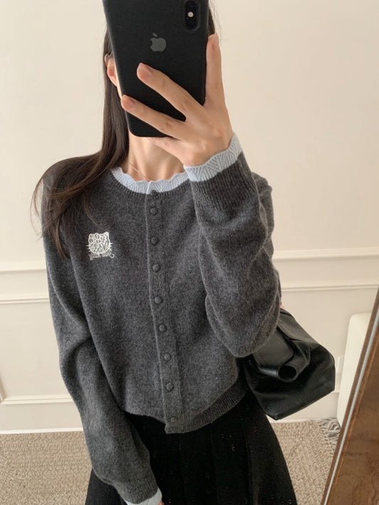 Kelly Designs Embroidery Kitty Grey Wool Cardigan (Instock)