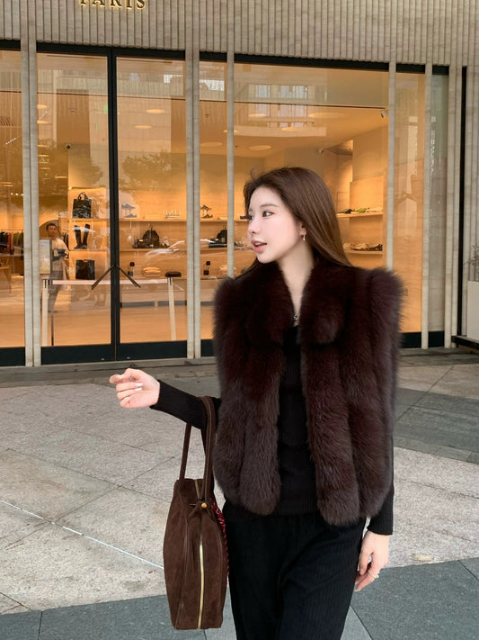 Kelly Designs Fox Fur Vest Dark Brown Jacket (Instock)