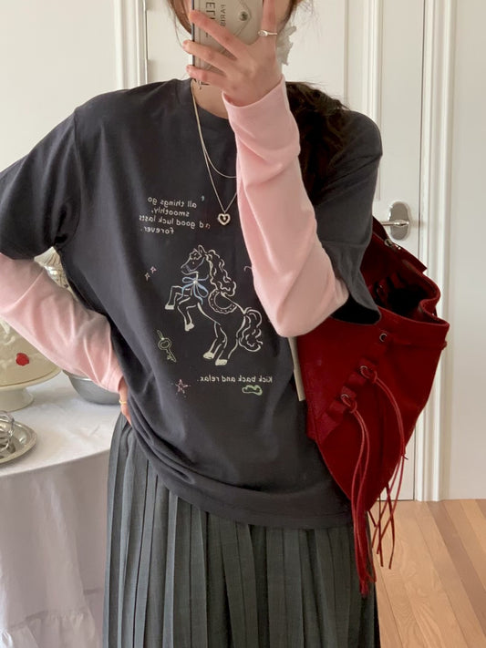 Korean APM Collection Horse Grey Long Sleeves Top (Instock)