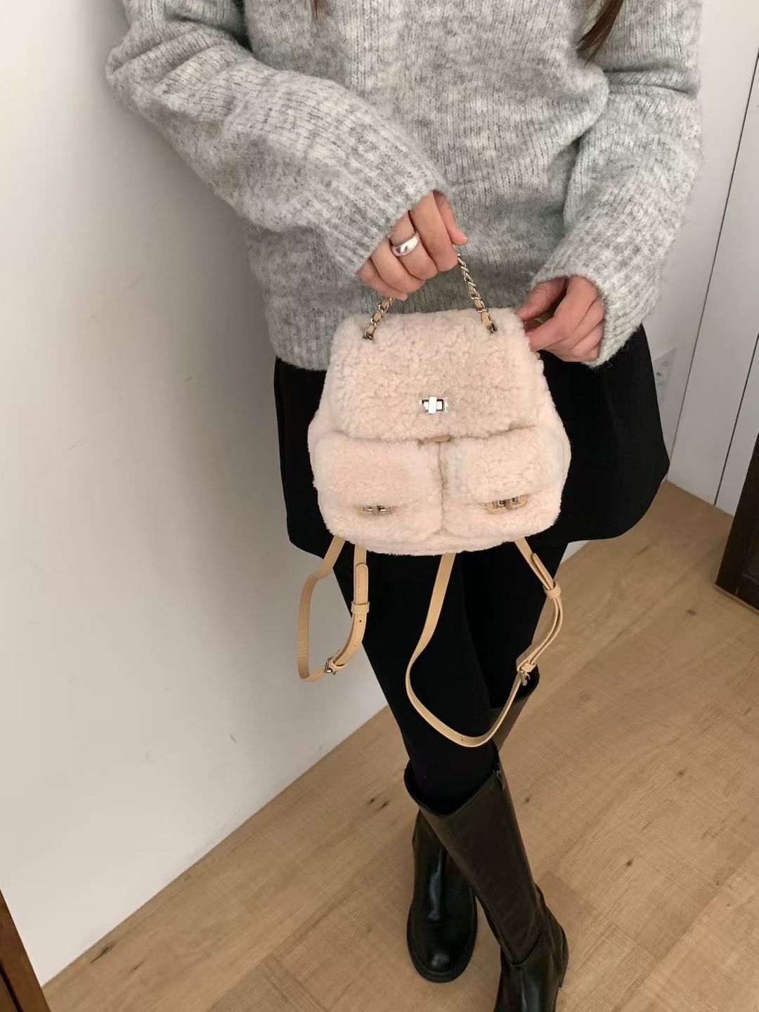 Korean APM Collection Three Colors Shearling Lampwool Backpack(Instock)