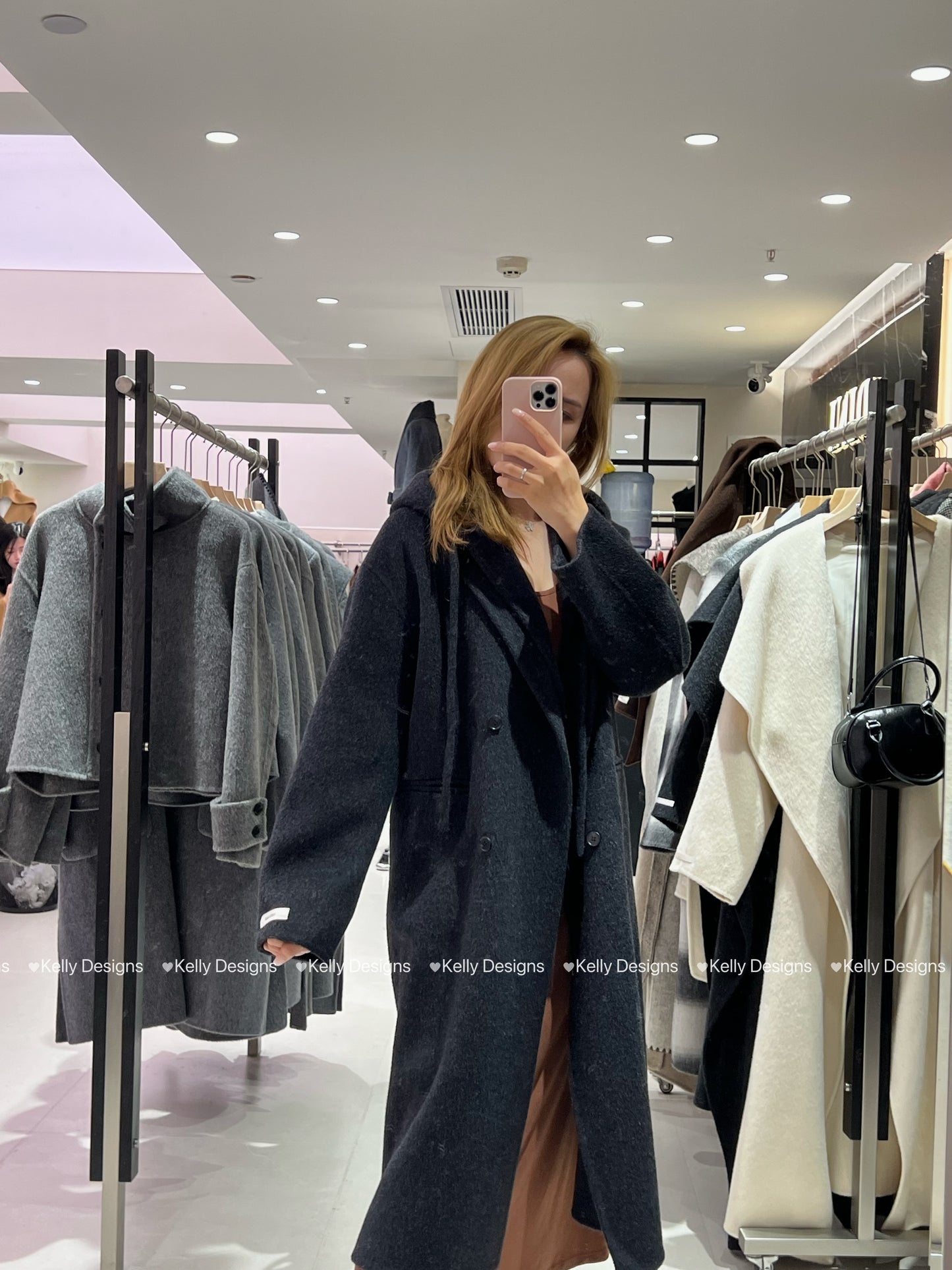 Kelly Designs Hat Removable Hoodie Charcoal Wool Coat (Instock)