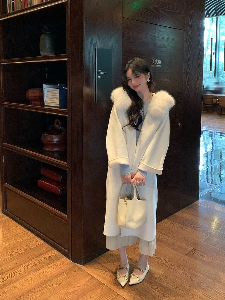 Kelly Designs 100% Wool Long Coat with Fox Fur Collar – Ivory (Instock)