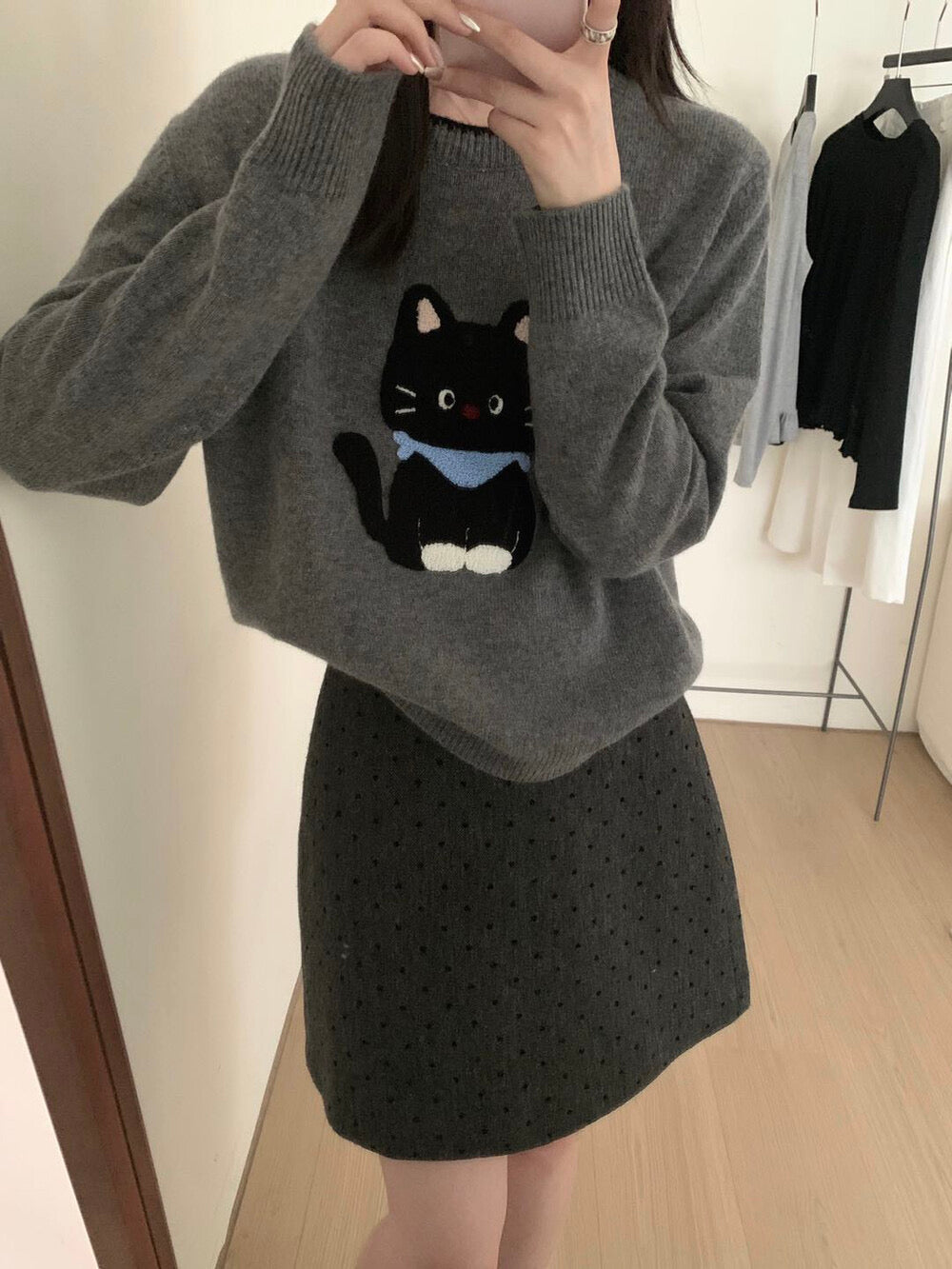 Kelly Designs “Coal Cat” Embroidery Wool Knit (100% Wool) (Instock)