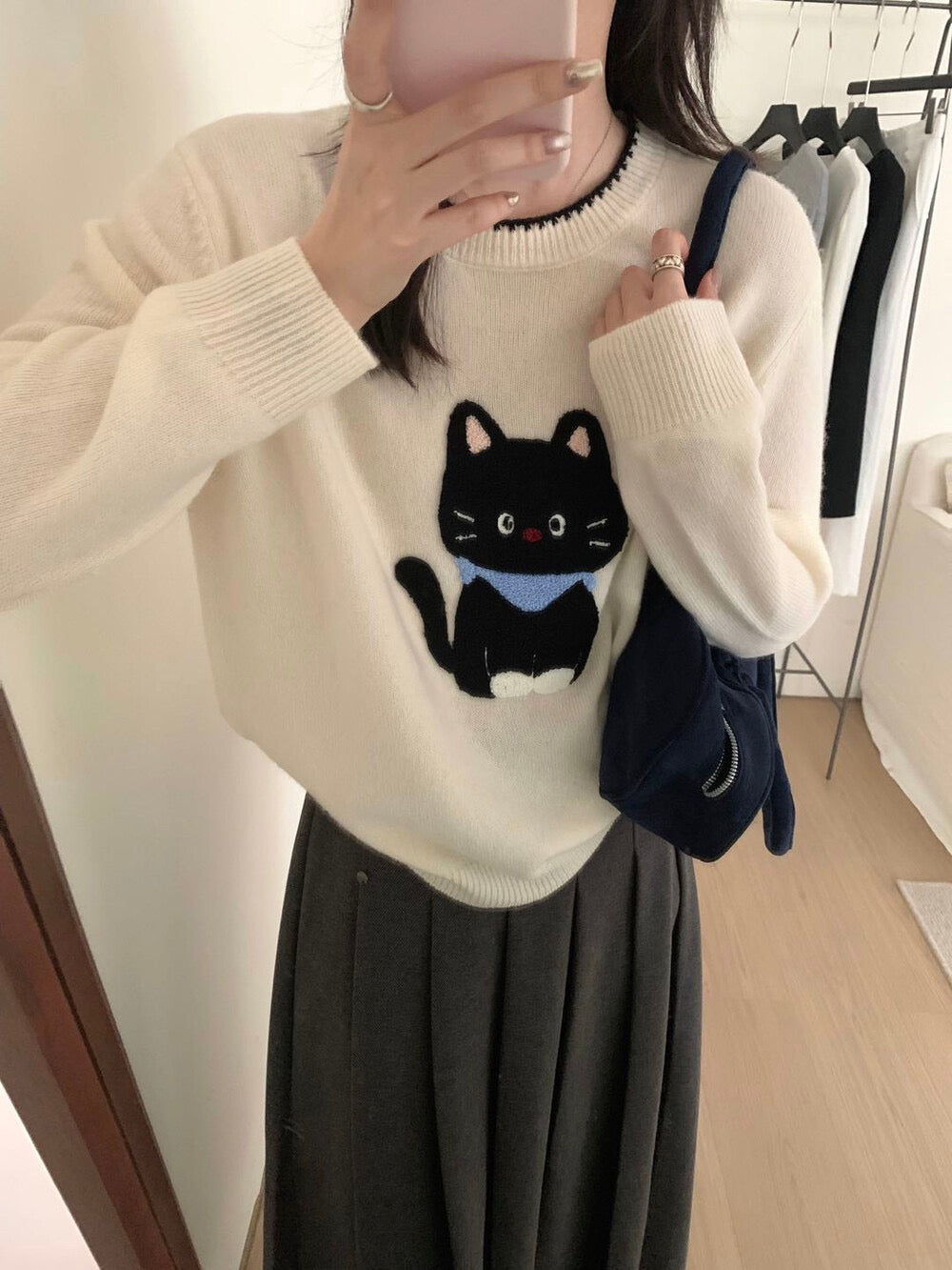 Kelly Designs “Coal Cat” Embroidery Wool Knit (100% Wool) (Instock)