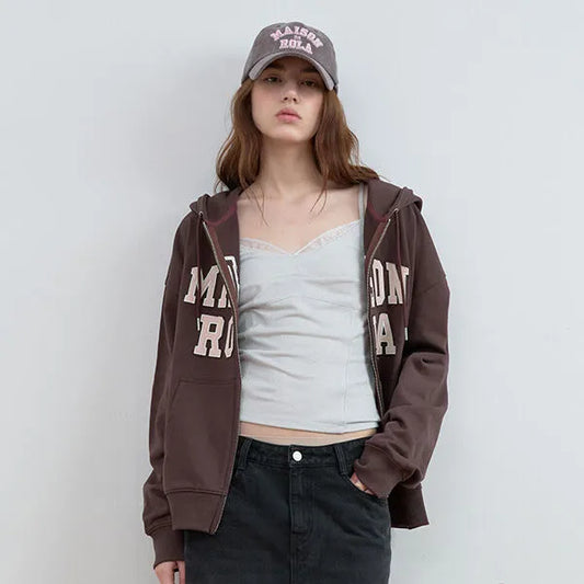 Korean Collection Rolarola Patchwork Campus Hood Zip Up Brown (InStock)