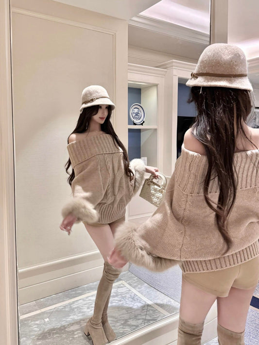 Kelly Designs 2 Ways Fox Fur Khaki Sweater (Instock)