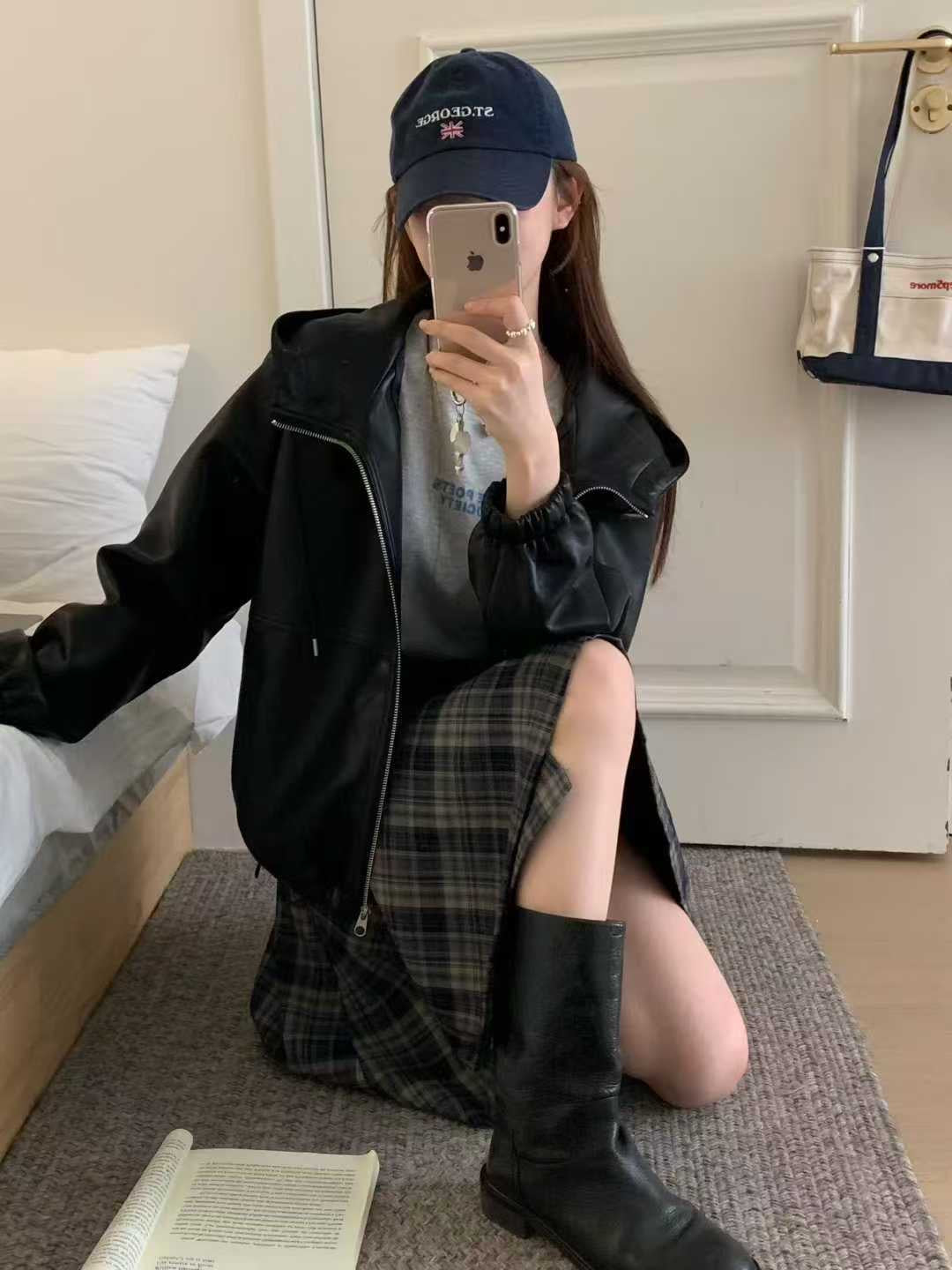 Kelly Designs PU Leather Zip-Up Hoodie Black Jacket (Preorder)