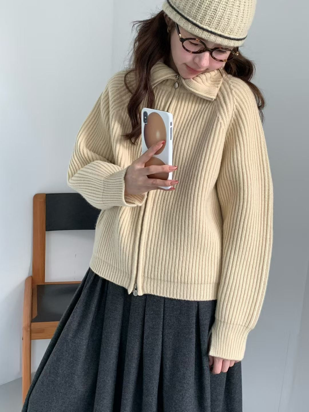 Korean APM Collection EGG PREMIUM CASHMERE SUPER FINE MERINO WOOL Zip Up Yellow Cardigan (Instock)