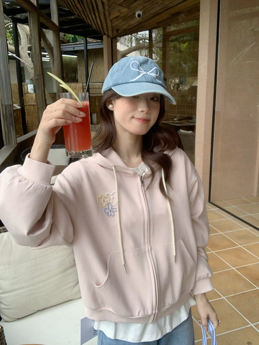 Kelly Designs Cute Embroidery Zip Hoodie – 3 Colors (Instock)