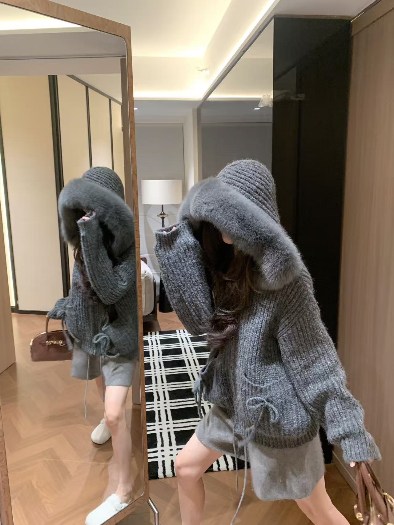 Kelly Designs Fox Fur Grey Zip Up Ribbons Hoodie (Instock)