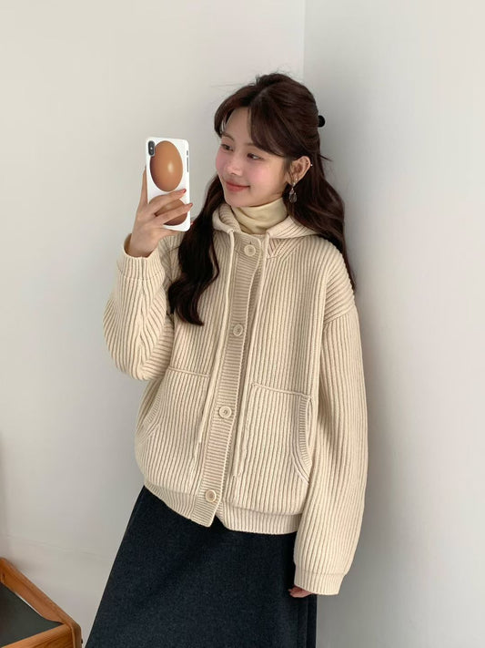 Korean APM Collection EGG Button Up Yellow Hoodie Wool Cardigan (Instock)