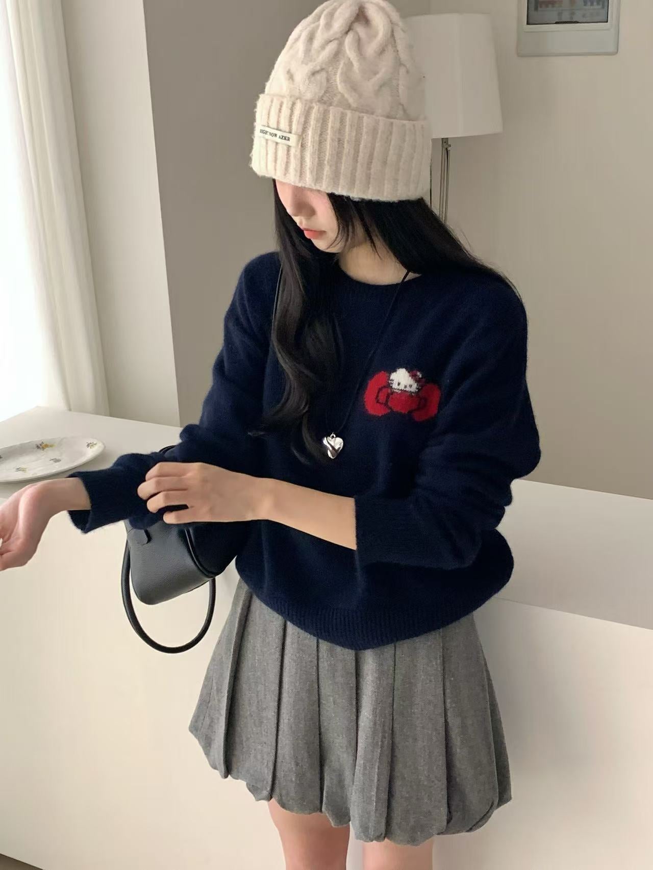 Kelly Designs Cashmere Raccoon Hello Kitty Knit Navy Sweater (Instock)
