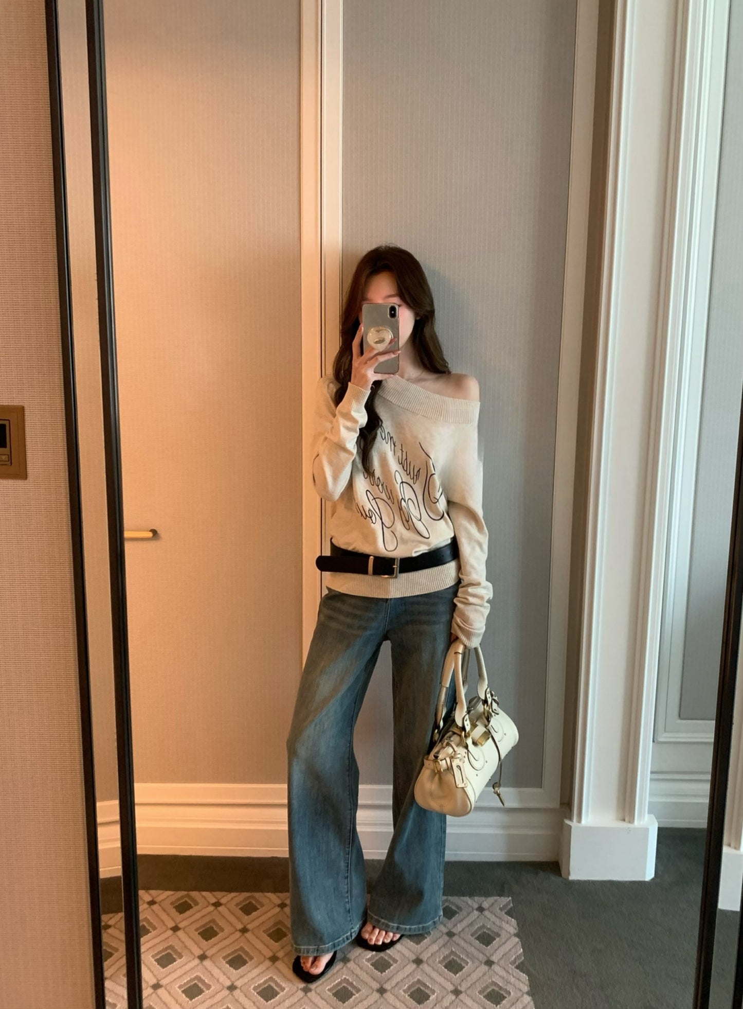 Kelly Designs Off-Shoulder Letter Knit Top with Belt (6% Wool Blend) (Instock)