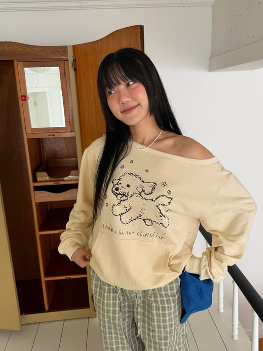 Korean APM Collection Off Shoulder Puppy Cream Sweater (Instock)