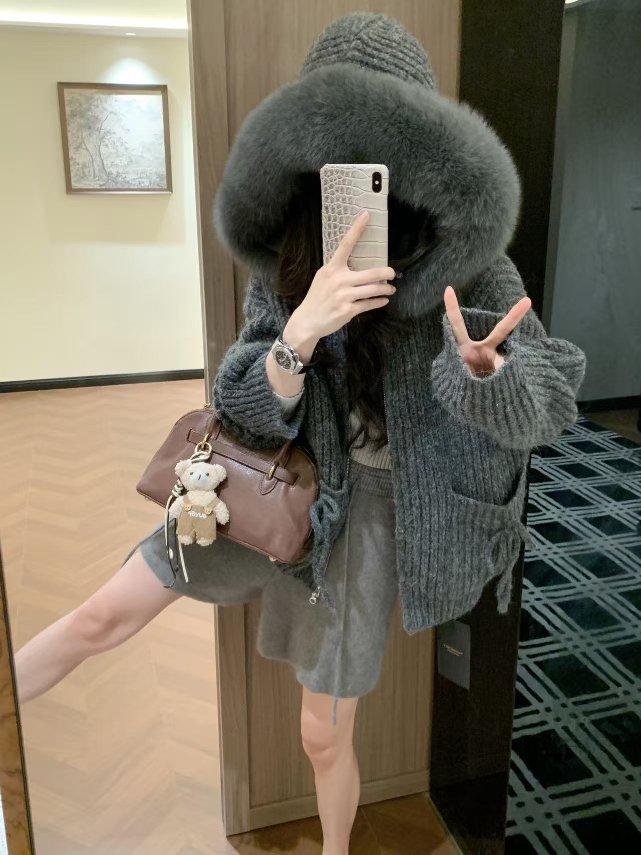 Kelly Designs Fox Fur Grey Zip Up Ribbons Hoodie (Instock)