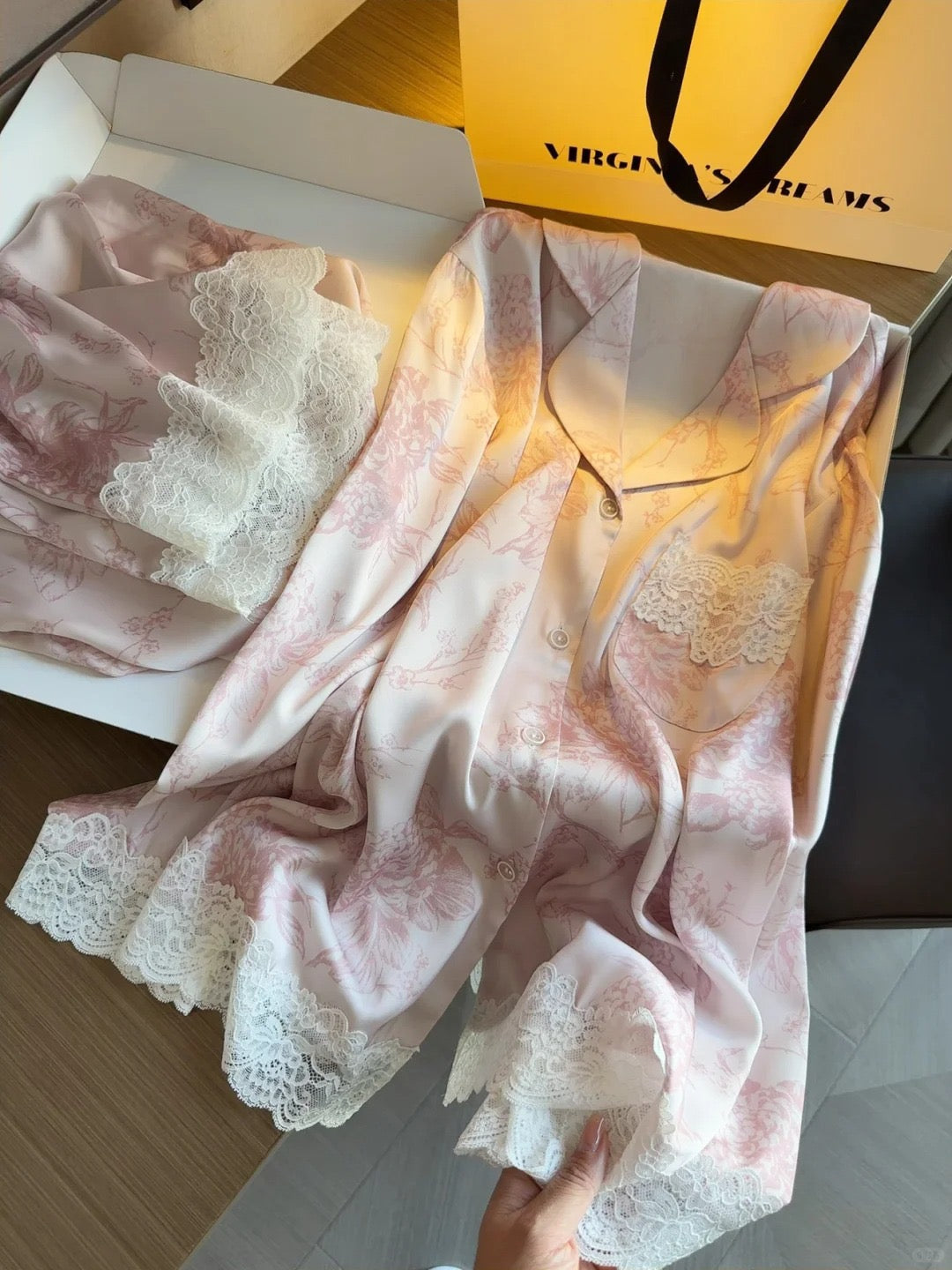 Kelly Designs Dreamy Pink Satin Pajama Set – Ice Silk & Lace Loungewear (Instock)