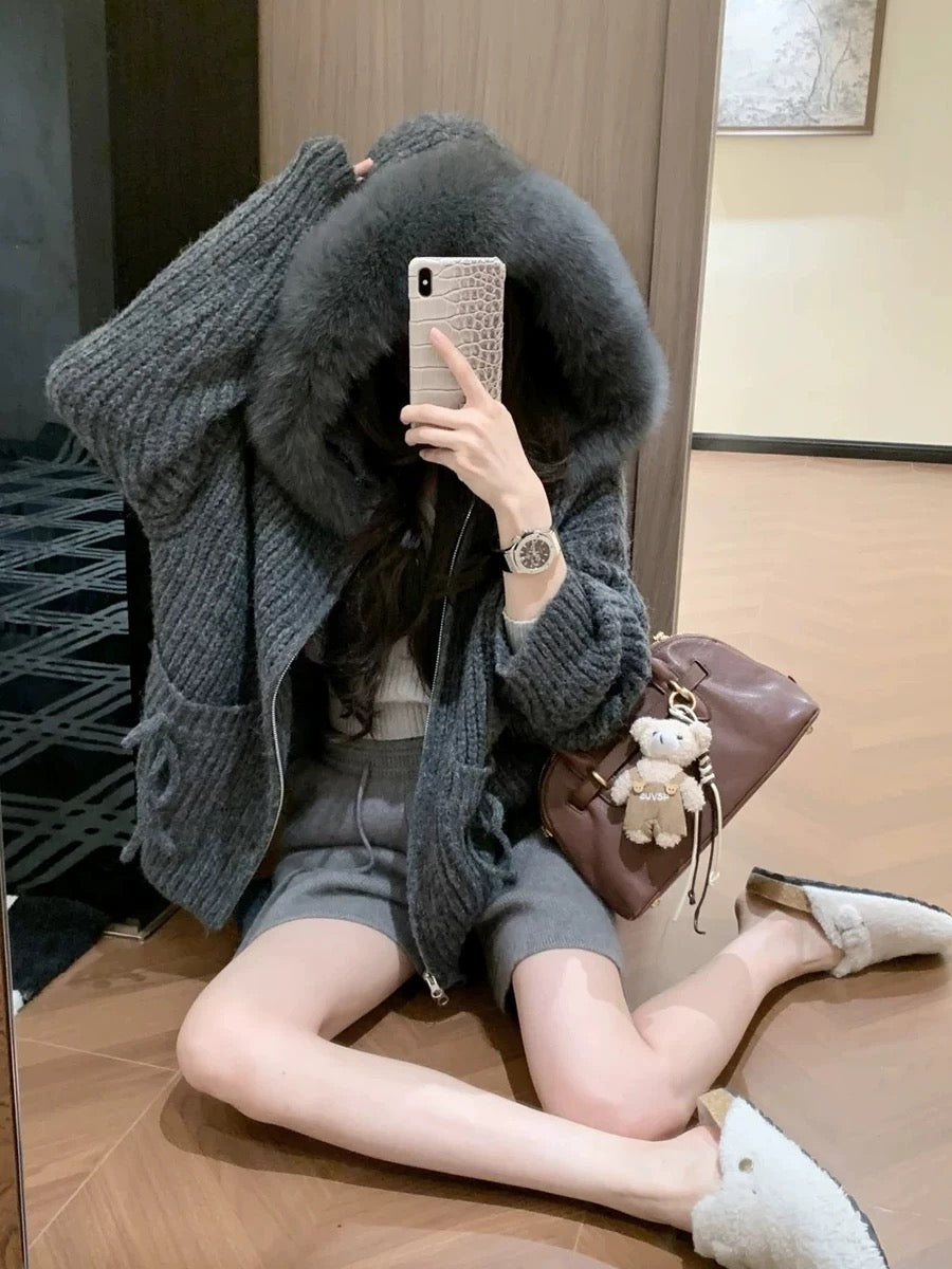 Kelly Designs Fox Fur Grey Zip Up Ribbons Hoodie (Instock)