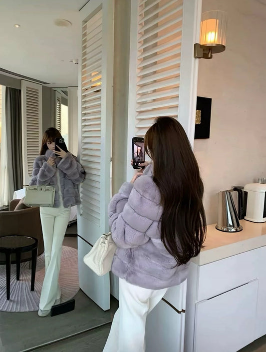 Kelly Designs Lilac Rex Fur Coat – Full-Pelt Chinchilla-Texture Luxury Jacket (Instock)