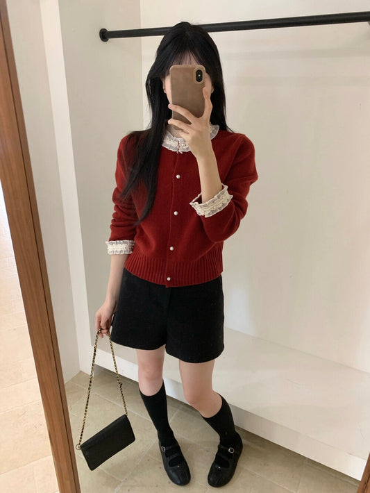 Kelly Designs 100% Wool Pearl Button Knit Red Cardigan (Instock)