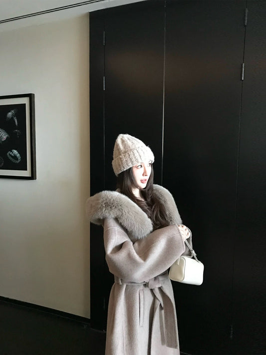 Kelly Designs 100% Wool Long Coat with Fox Fur Collar – Khaki (Instock)