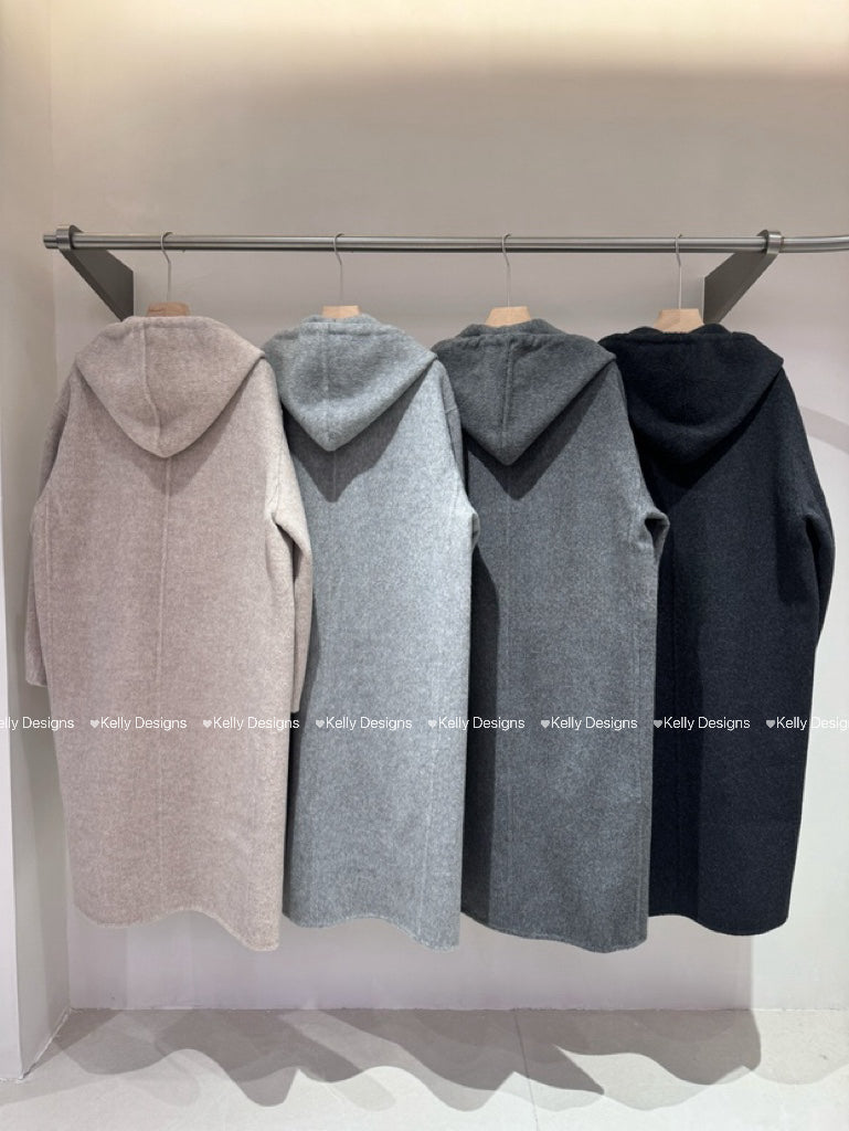 Kelly Designs Hat Removable Hoodie Charcoal Wool Coat (Instock)
