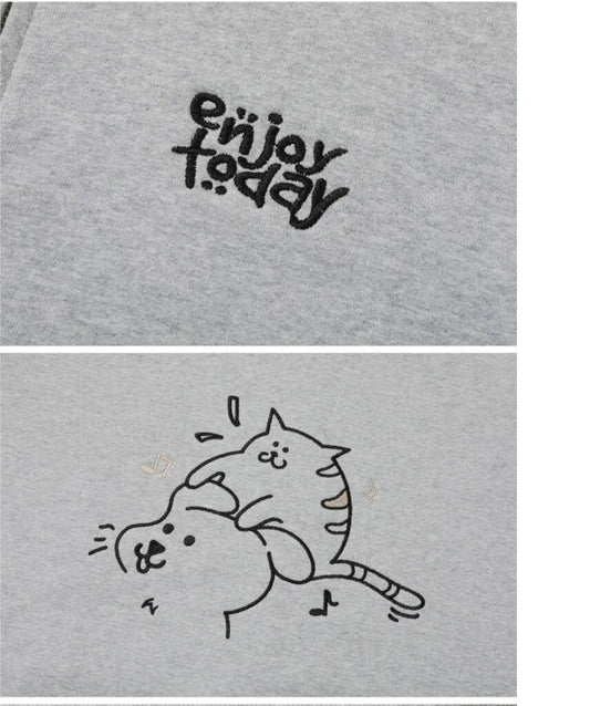 Korean Collection Enjoy Cat Zip Up Oversize Grey Hoodie (Preorder)