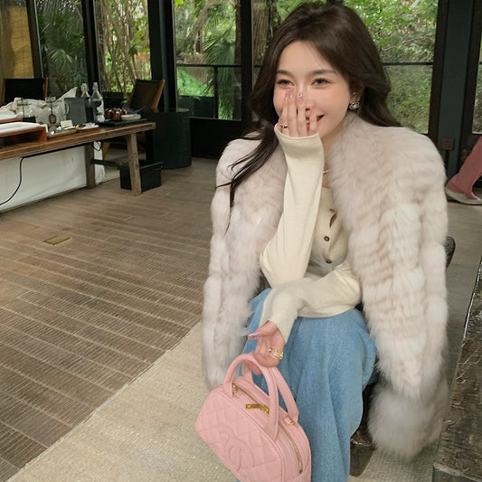 Kelly Designs White Fox Fur Coat with Panel Stitch Design- V Neck(Instock)