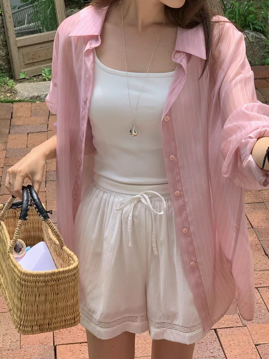 Korean APM Collection Stripe Pink Blouse & Shorts (Instock)