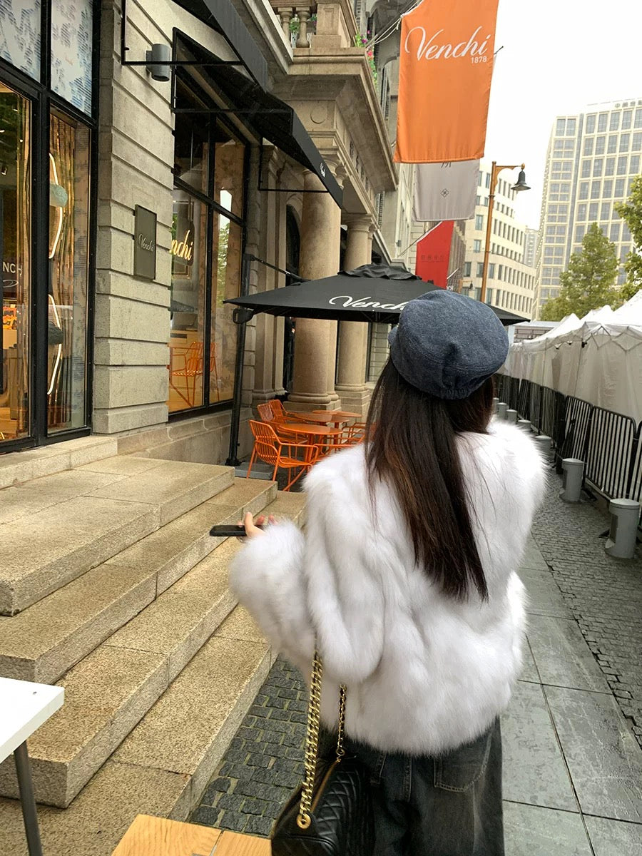 Kelly Designs White Grey Fox Fur V Neck Jacket (Instock)