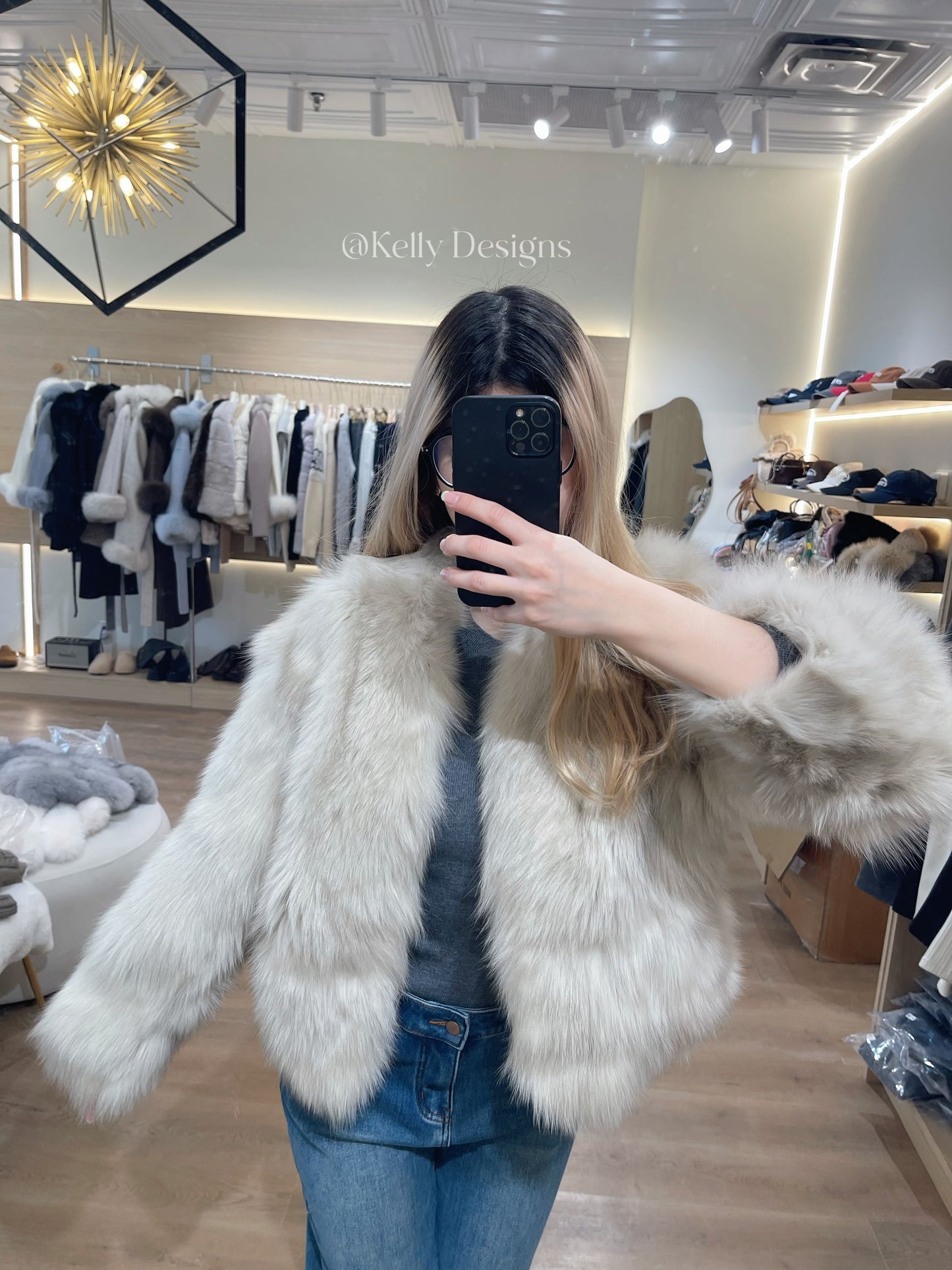Kelly Designs Cream Grey Fox Fur Jacket (Preorder)
