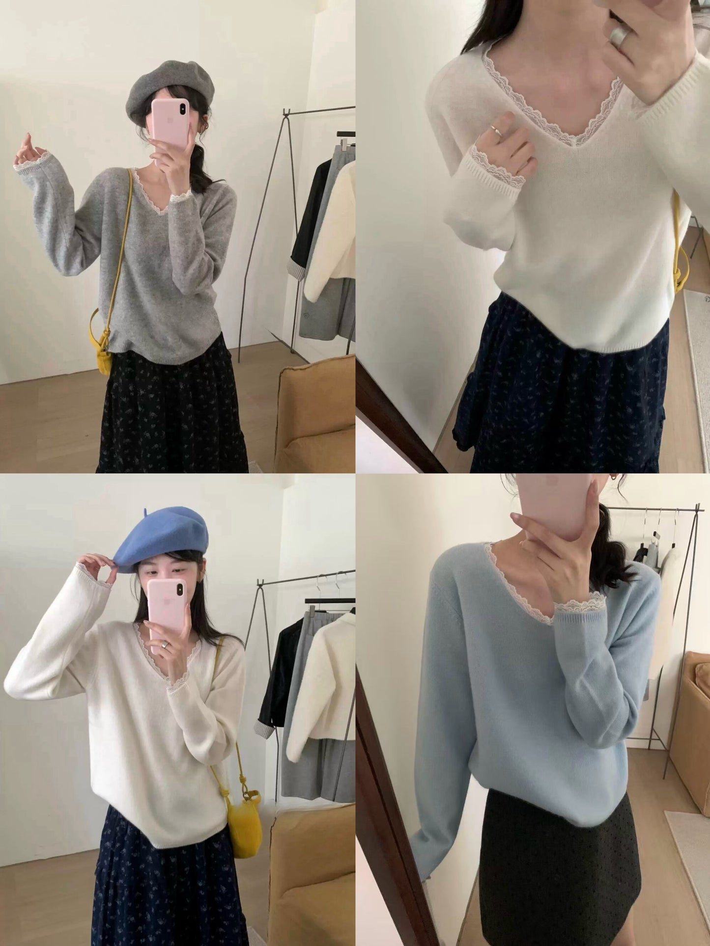 Kelly Designs 100% Wool Lace-Trim V-Neck Knit Sweater (3 Colors)- (Instock)