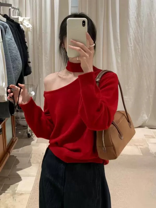 Kelly Designs Off-Shoulder Knit Sweater with Detachable Choker – Polyester (Instock)