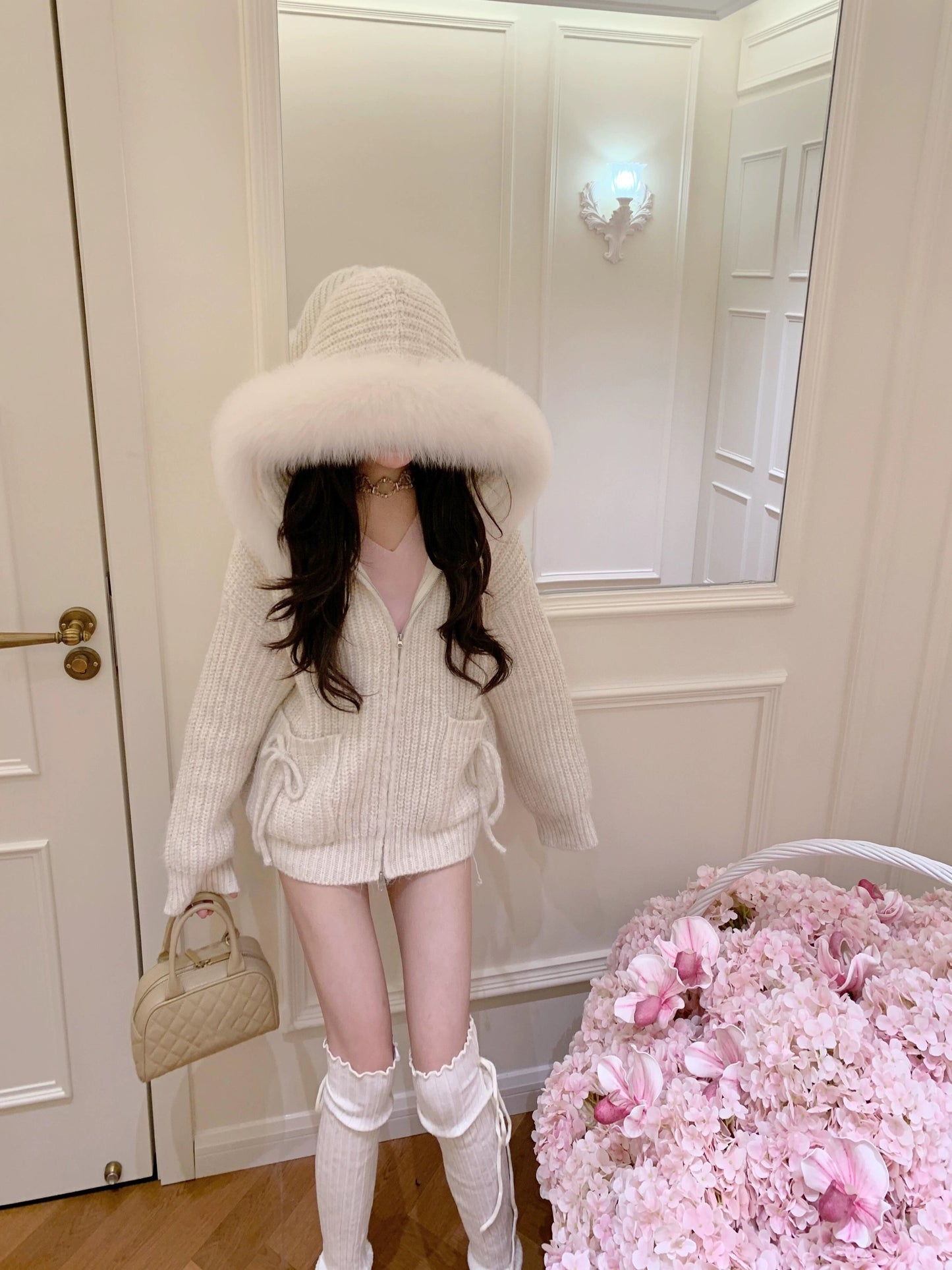 Kelly Designs Fox Fur White Zip Up Ribbons Hoodie (Instock)
