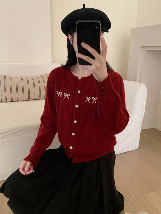 Kelly Designs Wool Bow Embroidery Knit Red Cardigan (Instock)