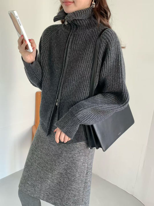 Korean APM Collection EGG PREMIUM CASHMERE SUPER FINE MERINO WOOL Zip Up Charcoal Cardigan (Preorder)