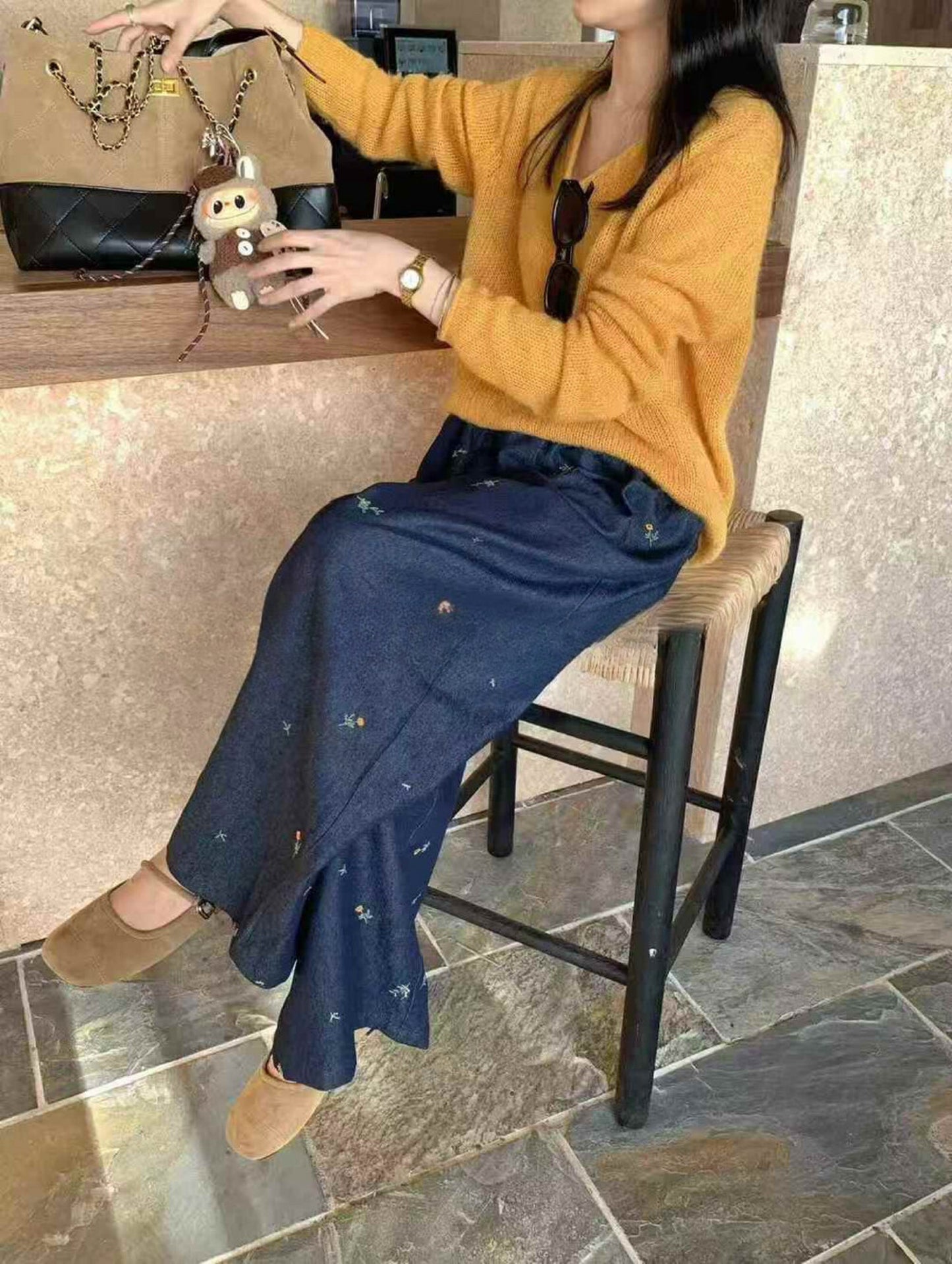Kelly Designs Embroidery Flowers Navy Jeans (Instock)
