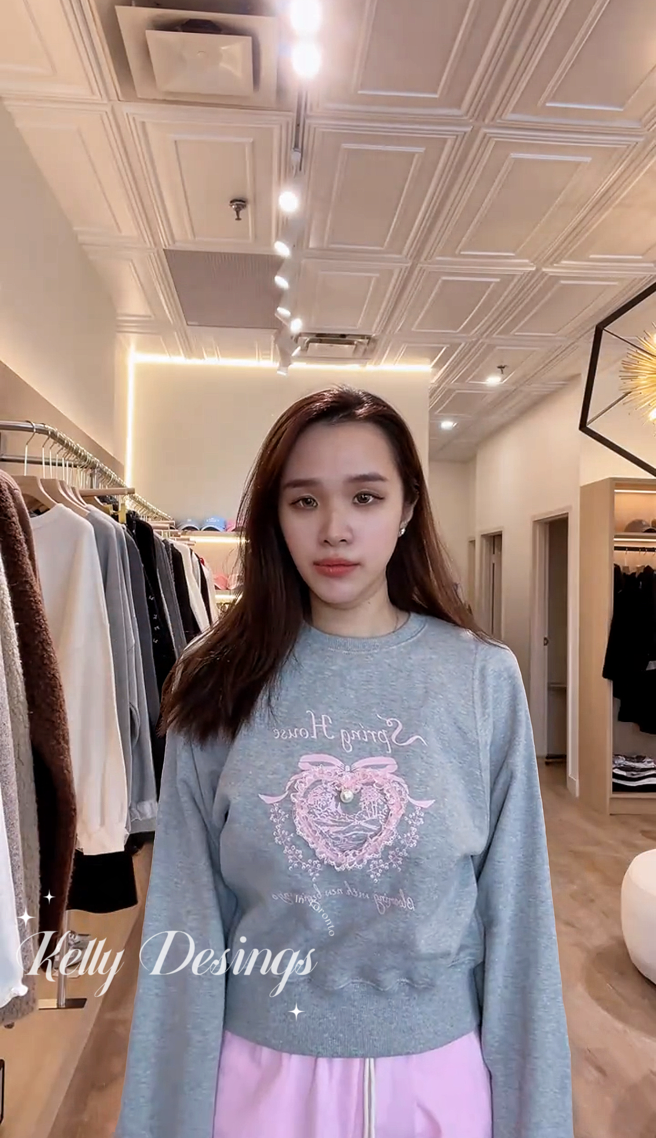 Korean APM Collection Pink Heart Grey Sweatshirt (Instock)