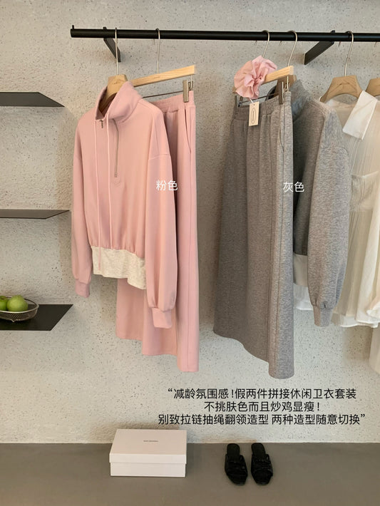 Kelly Designs Two-Piece Hoodie & Midi Skirt Set - Pink/Grey (Instock)