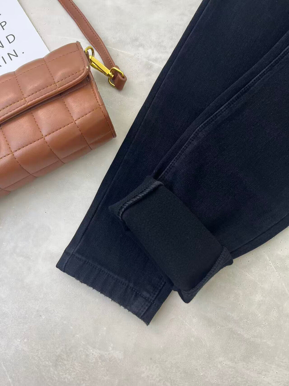 Kelly Designs Fleece-Lined Denim Black Slim Pants(Instock)