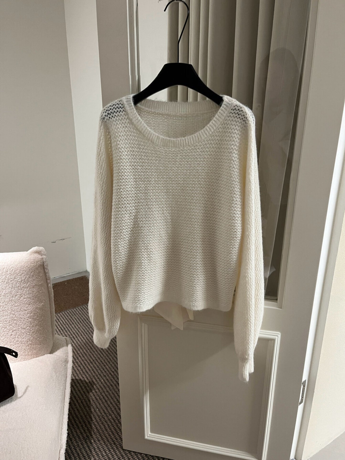 Kelly Designs Off-Shoulder Knit Sweater with Back Ribbon Tie & Khaki Skirt (Instock)