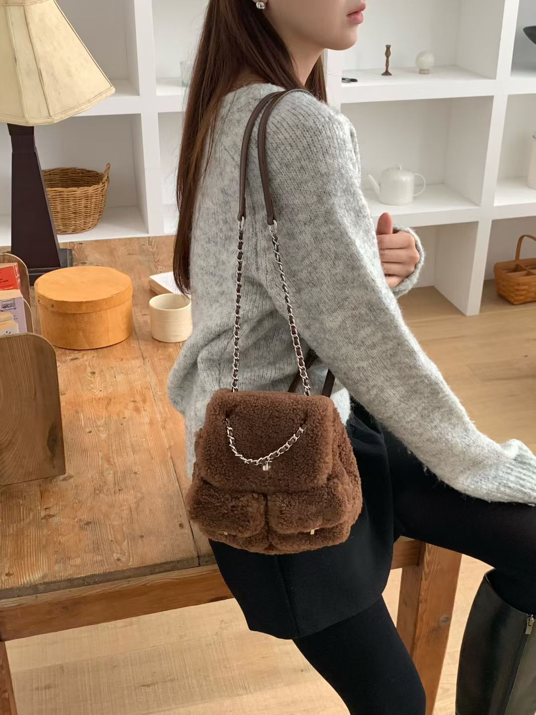 Korean APM Collection Three Colors Shearling Lampwool Backpack(Instock)