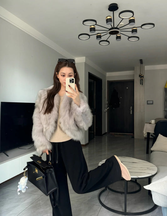 Kelly Designs Fox Fur Grey Purple V Neck Jacket (Instock)