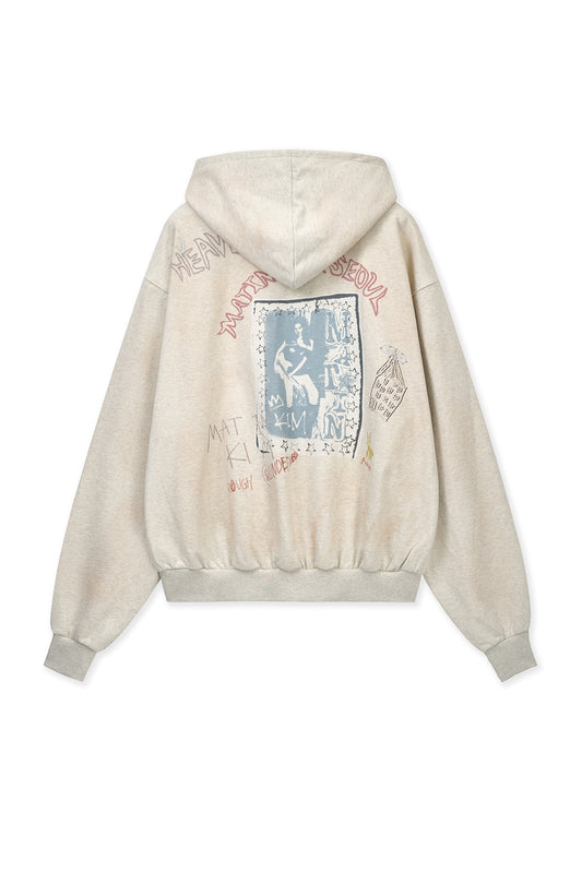 Matin Kim VINTAGE WASHED GRAFFITI HOODY ZIP UP IN Beige (Preorder-April)