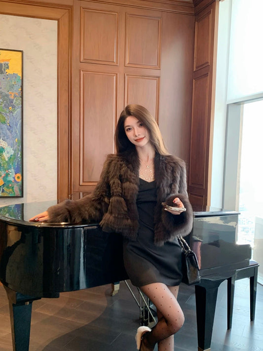 Kelly Designs Brown Fox Fur Coat with Panel Stitch Design(Instock)