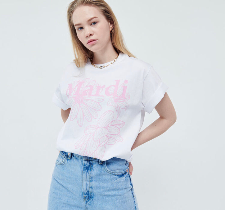 Mardi Mercredi Triple_Flower White Pink TSHIRT(Instock)