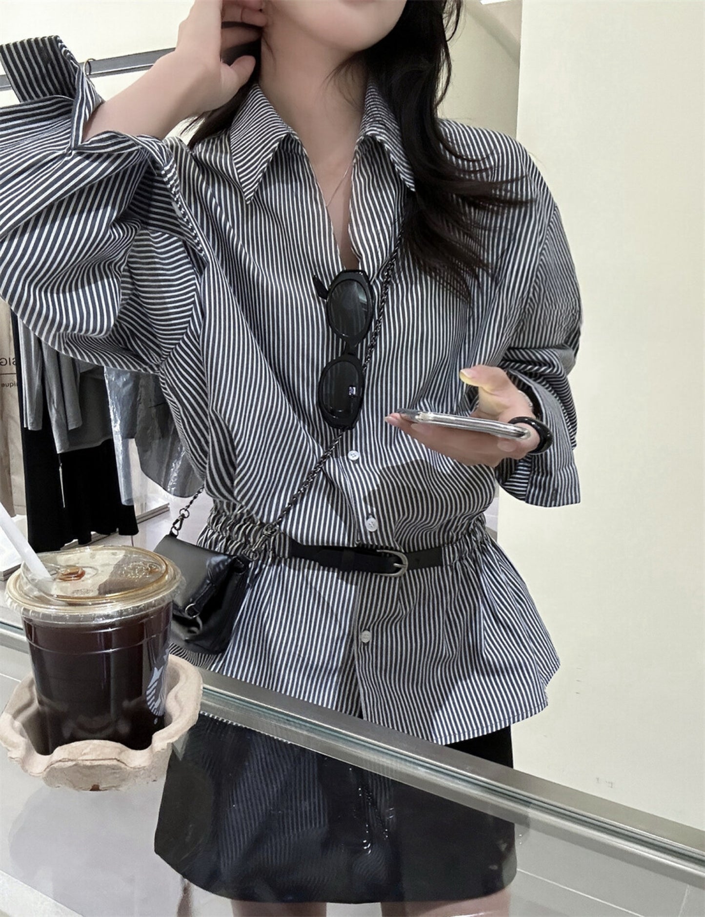 Kelly Designs Two Colors Striped Statement Waist-Cinched Shirt (Instock)